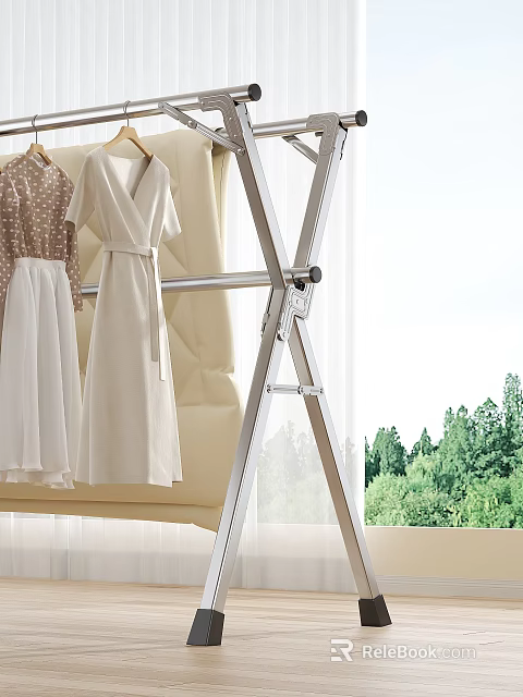 Sturdy Stainless Steel X Shaped Clothes Rack With Hanging Dresses Near Window And Green Plants 3d model 