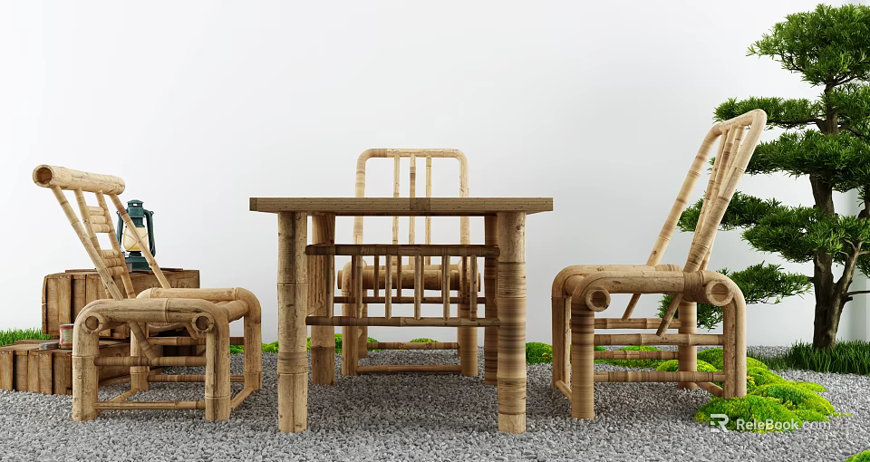 Natural Bamboo Outdoor Table with Matching Chairs in Garden Patio Gravel Setting 3d model 