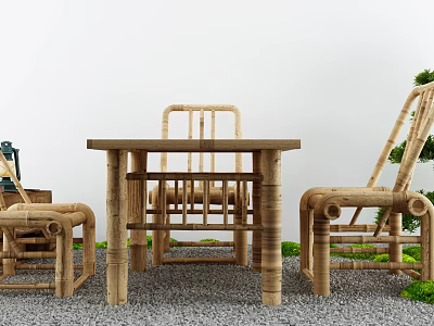 Natural Bamboo Outdoor Table with Matching Chairs in Garden Patio Gravel Setting 3d model