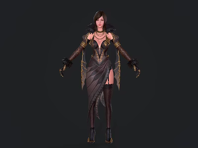 Mystical Female Character With Creature Themed Black Gold Attire Feathered Shoulders And Gloves 3d model