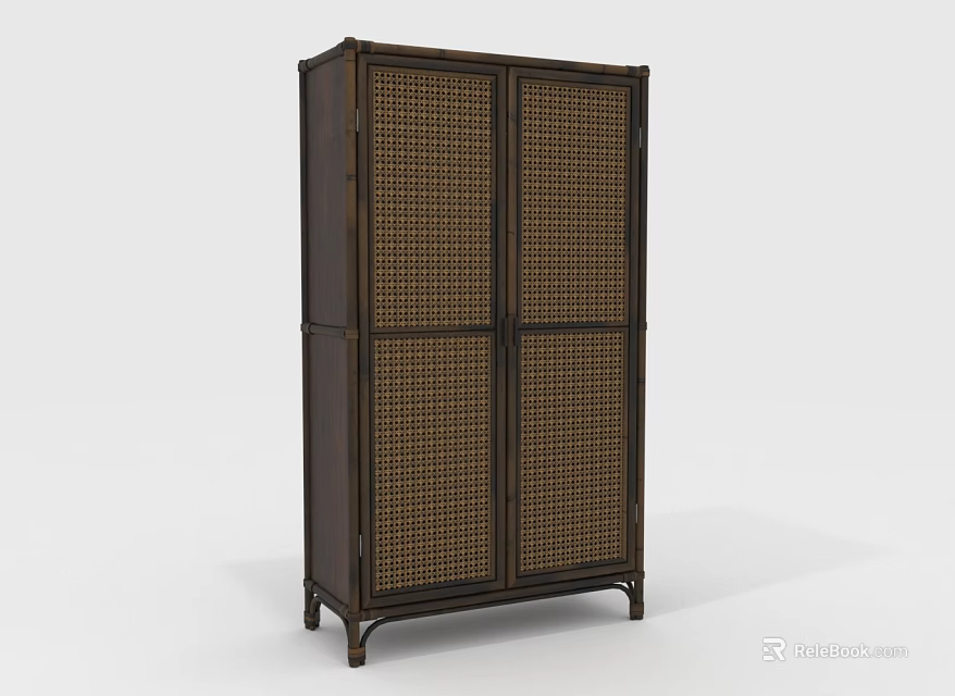 Dark Wood Classic Wardrobe With Four Woven Panel Doors And Elegant Legs 3d model 