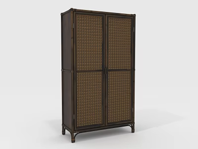 Dark Wood Classic Wardrobe With Four Woven Panel Doors And Elegant Legs 3d model