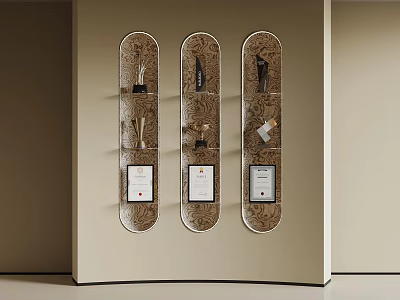 Trophies and Medals on Decorative Pattern Display Shelves with Certificates Against Beige Wall 3d model