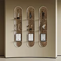 Trophies and Medals on Decorative Pattern Display Shelves with Certificates Against Beige Wall