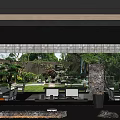Modern Luxury Sales Office Design With Chinese Garden Courtyard Glass Curtain Wall And Stone Landscape