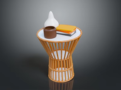 Bamboo Round Side Table With White Conical Vase Brown Mug And Yellow Books 3d model