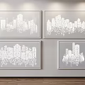 Modern City Skyline Wall Art With White Frames And Multiple Pieces 3d model