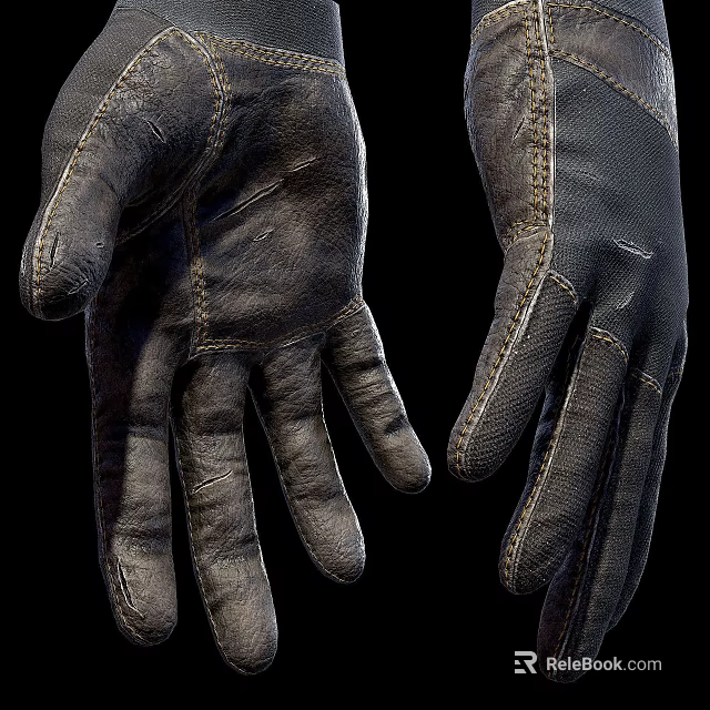 Realistic Leather Gloves With Stitches Against Black Background 3d model
