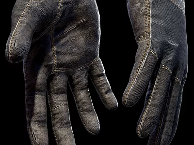 Realistic Leather Gloves With Stitches Against Black Background 3d model