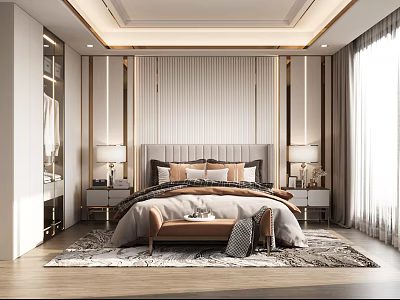 Luxury Modern Bedroom Interior With King Bed Nightstands And Decorative Lamps 3d model