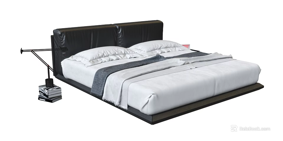 Modern Double Bed With Black Leather Headboard And White Bedding Interior Design 3d model 