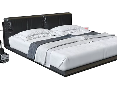Modern Double Bed With Black Leather Headboard And White Bedding Interior Design 3d model