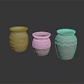 Three Handmade Textured Ceramic Vases On Black Smooth Surface With Reflection