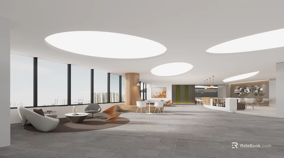 Modern Lounge Area With Large Windows City View Round Ceiling Lights And Gray Carpet 3d model