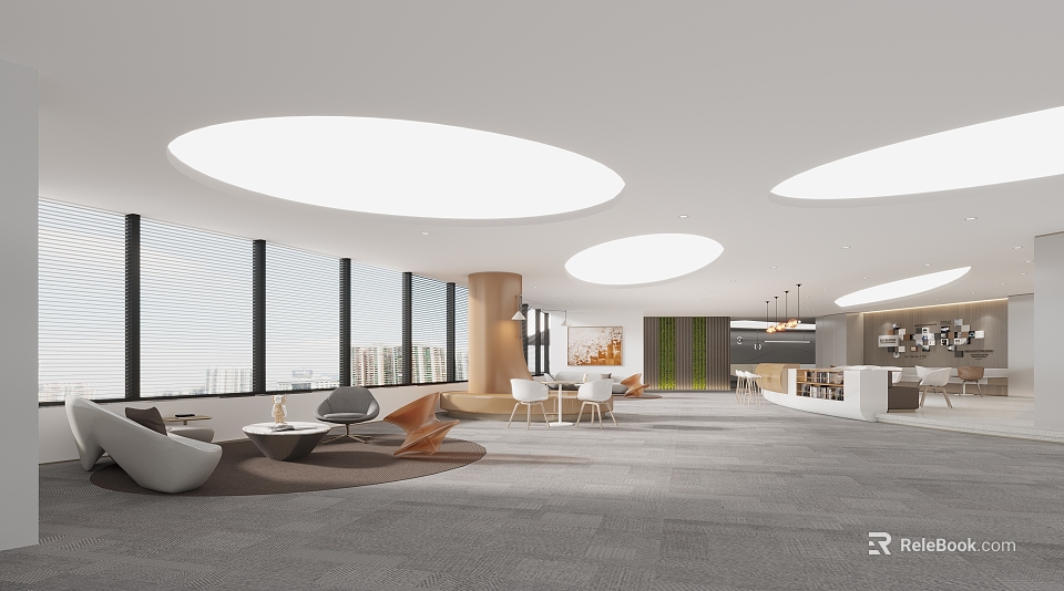 Modern Lounge Area With Large Windows City View Round Ceiling Lights And Gray Carpet 3d model 