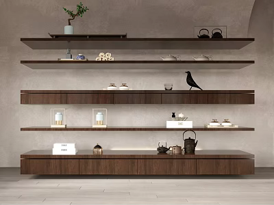 Wooden Multi tiered Decorative Shelving Unit With Plants Tea Sets Ornaments And Lamps 3d model