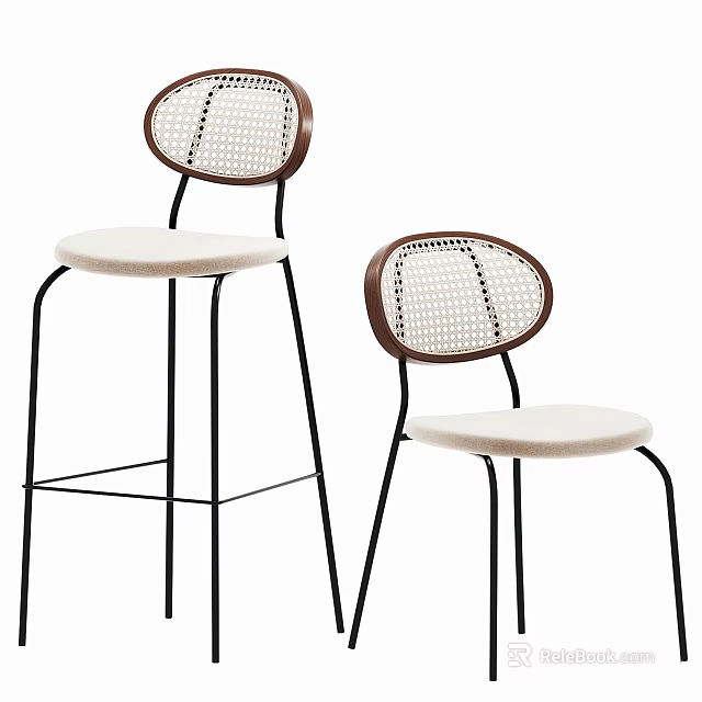 Modern Bar Stools With Round Woven Backrest Brown White Seat And Black Metal Legs 3d model 