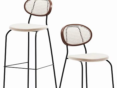 Modern Bar Stools With Round Woven Backrest Brown White Seat And Black Metal Legs 3d model