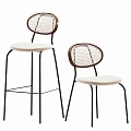 Modern Bar Stools With Round Woven Backrest Brown White Seat And Black Metal Legs