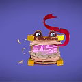 Cartoon Open Book With Eyes Red Ribbon Pink Glowing Wise Broken Pages And Paper Pieces