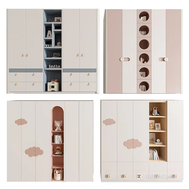 Soft Pink White Wardrobe Interior Design With Open Shelves Drawers And Cloud Decorations 3d model 