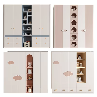 Soft Pink White Wardrobe Interior Design With Open Shelves Drawers And Cloud Decorations 3d model