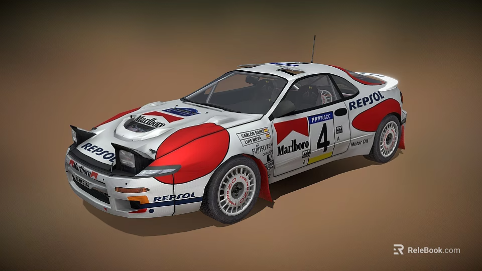 White Rally Car with REPSOL Marlboro Logos Number 4 Red Blue Stripes 3d model 