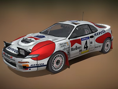 White Rally Car with REPSOL Marlboro Logos Number 4 Red Blue Stripes 3d model