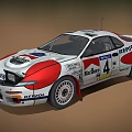 White Rally Car with REPSOL Marlboro Logos Number 4 Red Blue Stripes