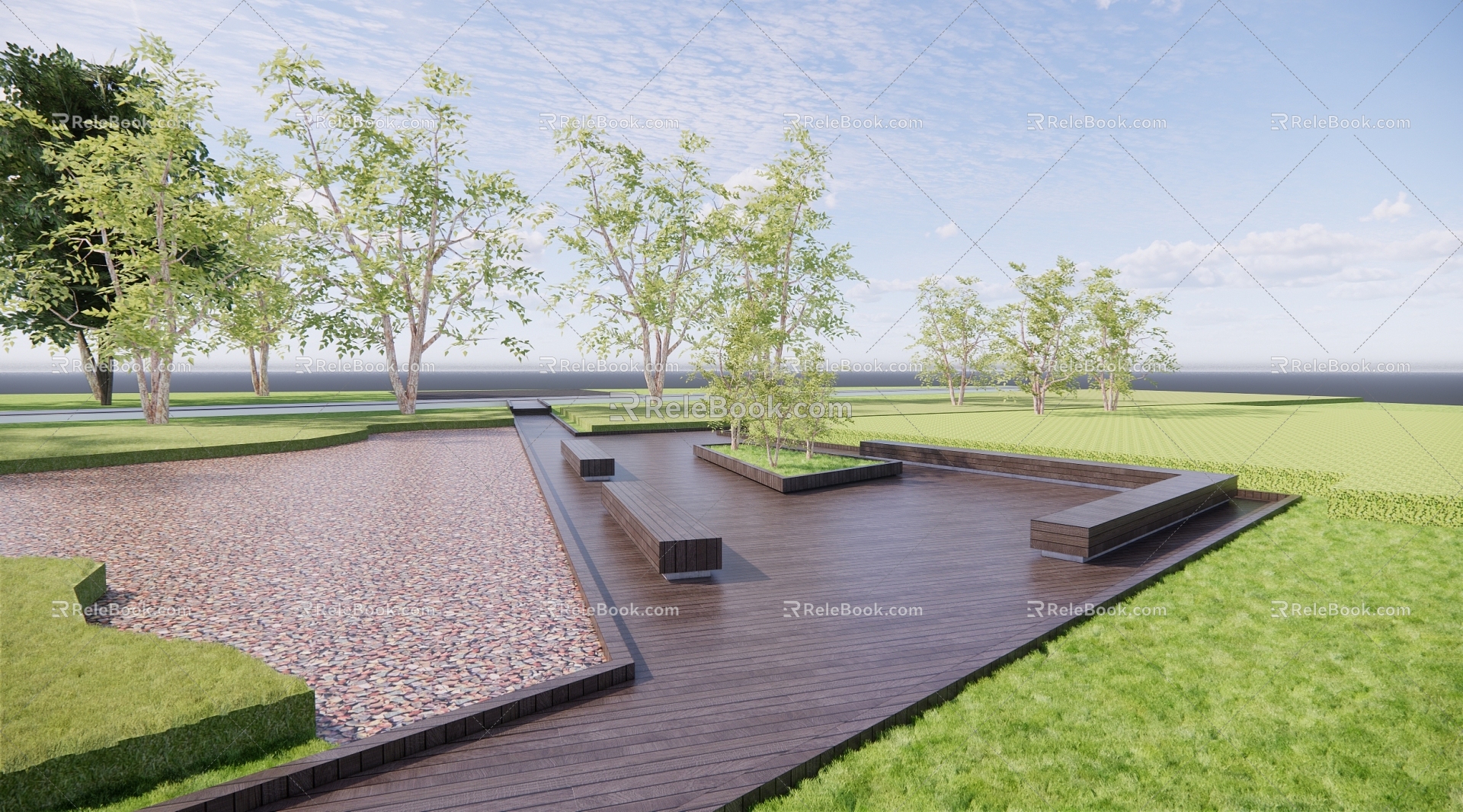 Modern Park Park Landscape Plank Road 3d model