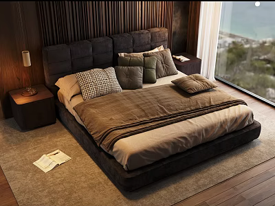 Cozy Double Bed With Dark Headboard Pillows And Sea View Window On Wooden Floor 3d model