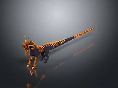 3D Mythical Horned Creature Character With Orange Black Skeletal Body And Long Tail 3d model