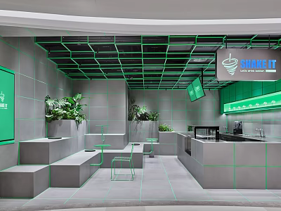 Modern Fitness Space With SHAKE IT Counter Green Accents And Gray Interior Plants 3d model