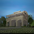 Elegant Detached Villa Two Story with Lush Greenery Lawn Water Pond Stone Pathway and Lighting
