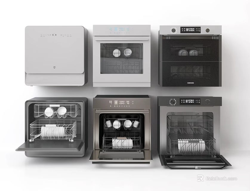 Modern Kitchen Appliances Featuring Multiple Dishwashers With Open Doors Different Styles And Utensils Inside 3d model