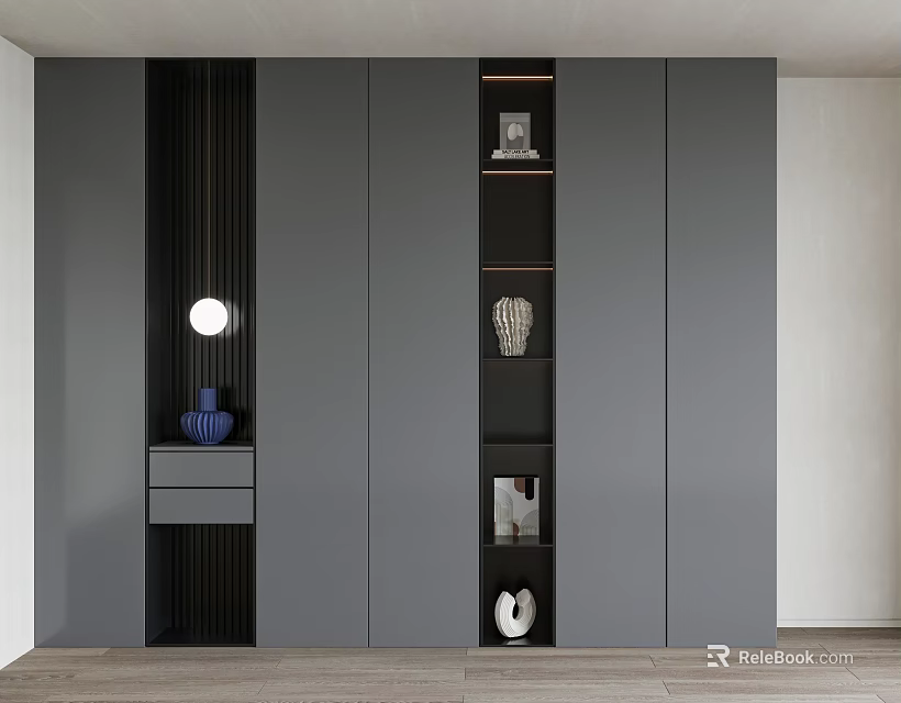 Modern Gray Bookcase With Open Shelves Decorative Items Drawer Cabinet And Round Wall Lamp 3d model 