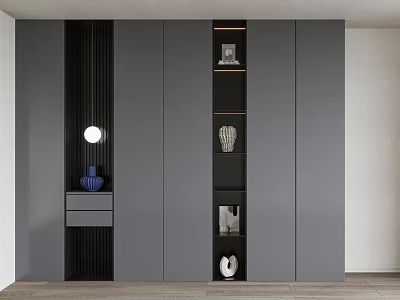 Modern Gray Bookcase With Open Shelves Decorative Items Drawer Cabinet And Round Wall Lamp 3d model