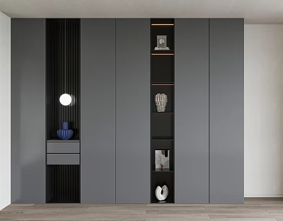 Modern Gray Bookcase With Open Shelves Decorative Items Drawer Cabinet And Round Wall Lamp 3d model