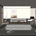 Modern Bedroom Interior with Upholstered Bed Desk Chair Large Window and Wall Artwork