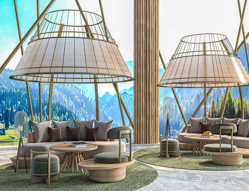 Relaxing Leisure Area With Woven Canopy Structures Sofa Seating And Mountain Backdrop 3d model 