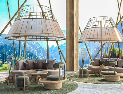 Relaxing Leisure Area With Woven Canopy Structures Sofa Seating And Mountain Backdrop 3d model