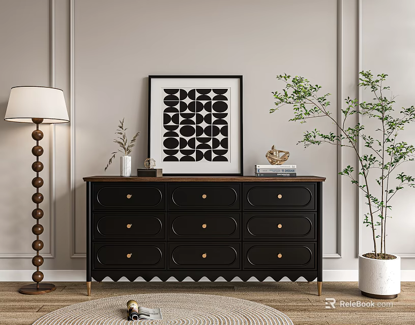 Modern Black Dresser With Decorative Painting White Vase Books Floor Lamp And Green Plant 3d model 