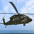 Green Military Helicopter Flying With Landing Gear Down Over Ocean Under Blue Sky