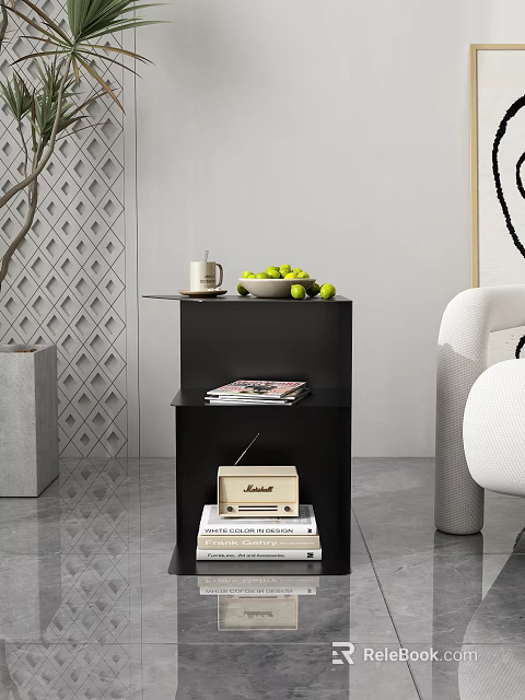 Modern Black Side Table With Coffee Mug Green Apples Magazines Radio And Books 3d model 