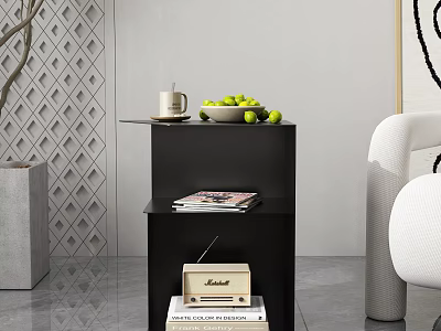 Modern Black Side Table With Coffee Mug Green Apples Magazines Radio And Books 3d model