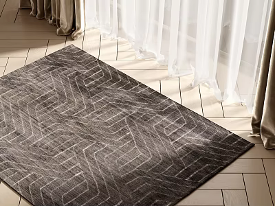 Gray Square Rug With Geometric Pattern On Light Tiled Floor In Natural Light Near Curtains 3d model