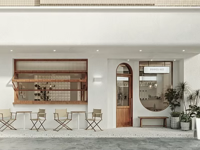 Elegant Storefront Facade Design With White Wall Wooden Door Glass Window And Outdoor Plants 3d model