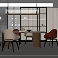 Modern Restaurant Interior With Dining Table Leather Chairs And Pendant Light Fixture 3d model