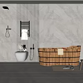 Modern Bathroom Set With Wooden Barrel Bathtub Shower Toilet And Towel Rack
