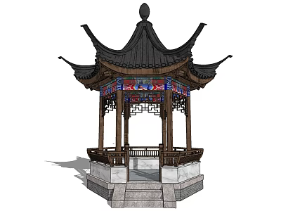 Traditional Chinese Pavilion With Wooden Structure Stone Base And Colorful Decorations 3d model